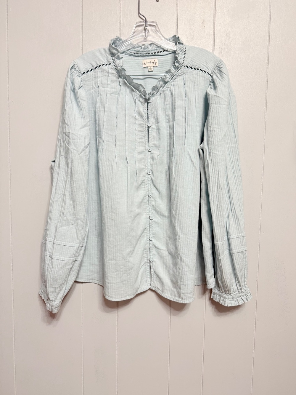 #10)  Wonderly Cotton Light Blue Ruffled Pintuck Button-Down Blouse